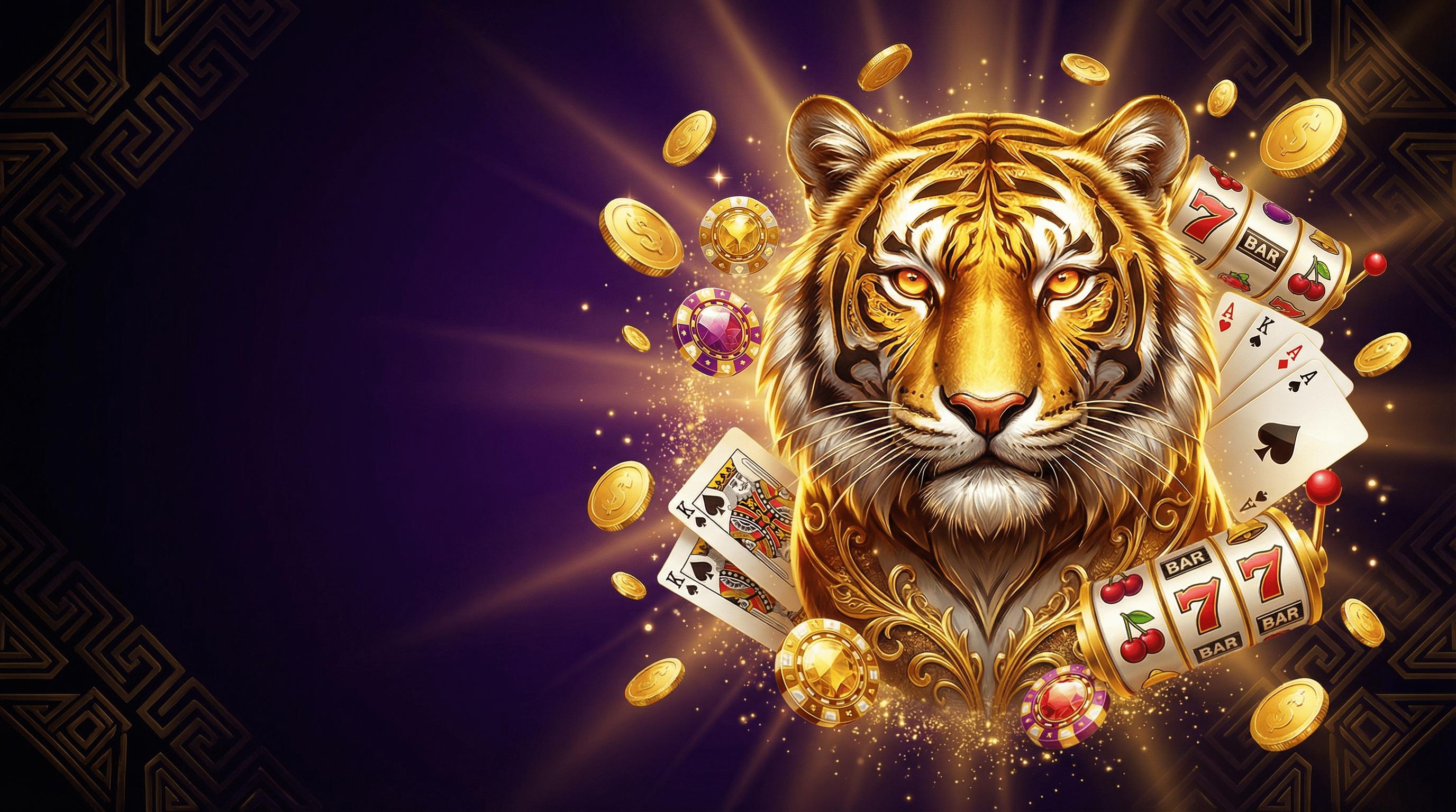Tigre dorado con monedas de oro y fichas de casino representando el bono de bienvenida