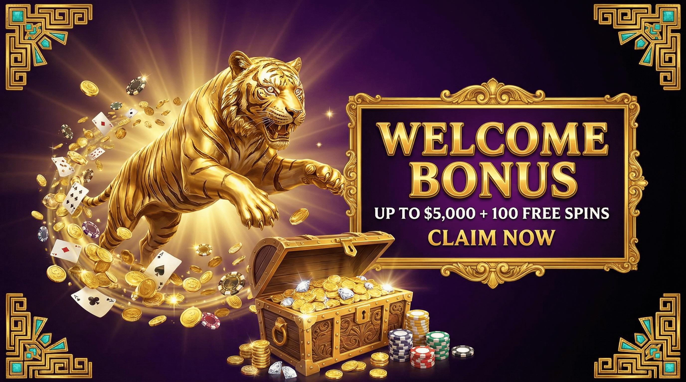 Banner promocional del bono de bienvenida con tigre dorado y cofre del tesoro